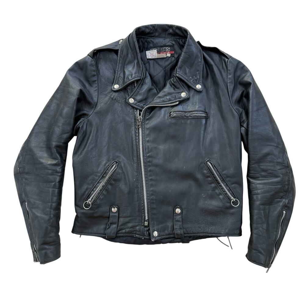 Vintage Brooks Double Rider Black Leather Motorcycle Jacket Size 42